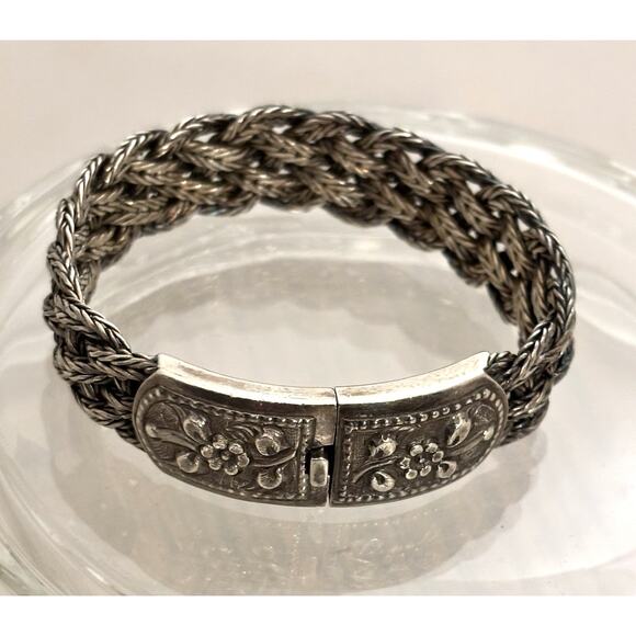 Vintage Sterling Silver Floral Clasp Braided 8” Bracelet 60g - Picture 4 of 7